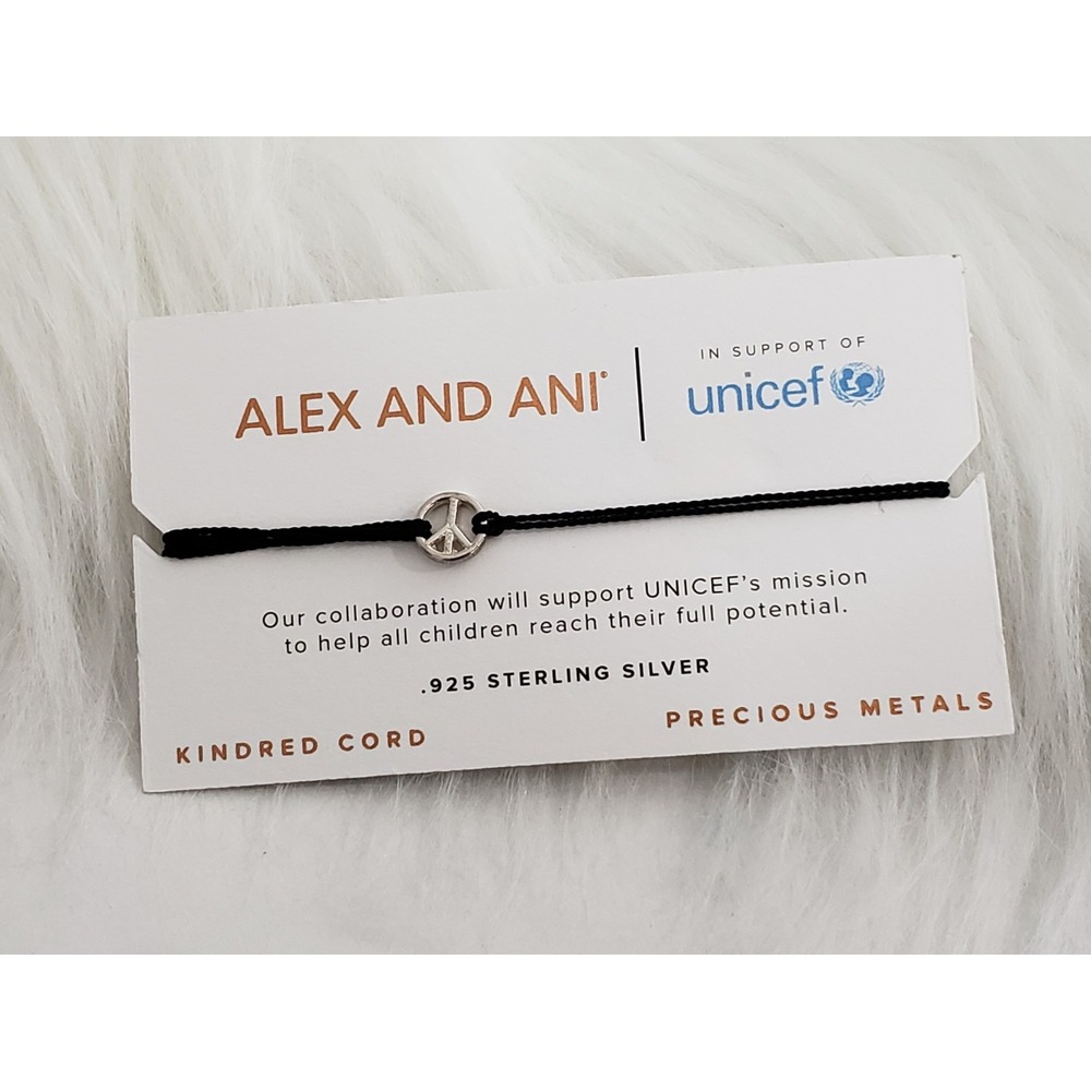 Alex and Ani Kindred Cord PEACE SIGN ADJUSTABLE STERLING SILVER BLACK BRACELET